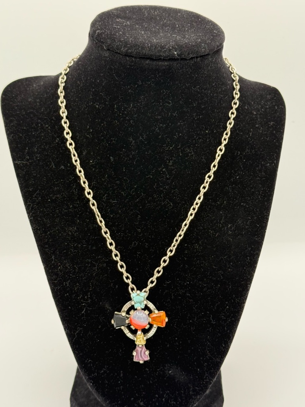 Gold Chain Necklace with Vintage Multicolored Gem Celtic Cross Pendant